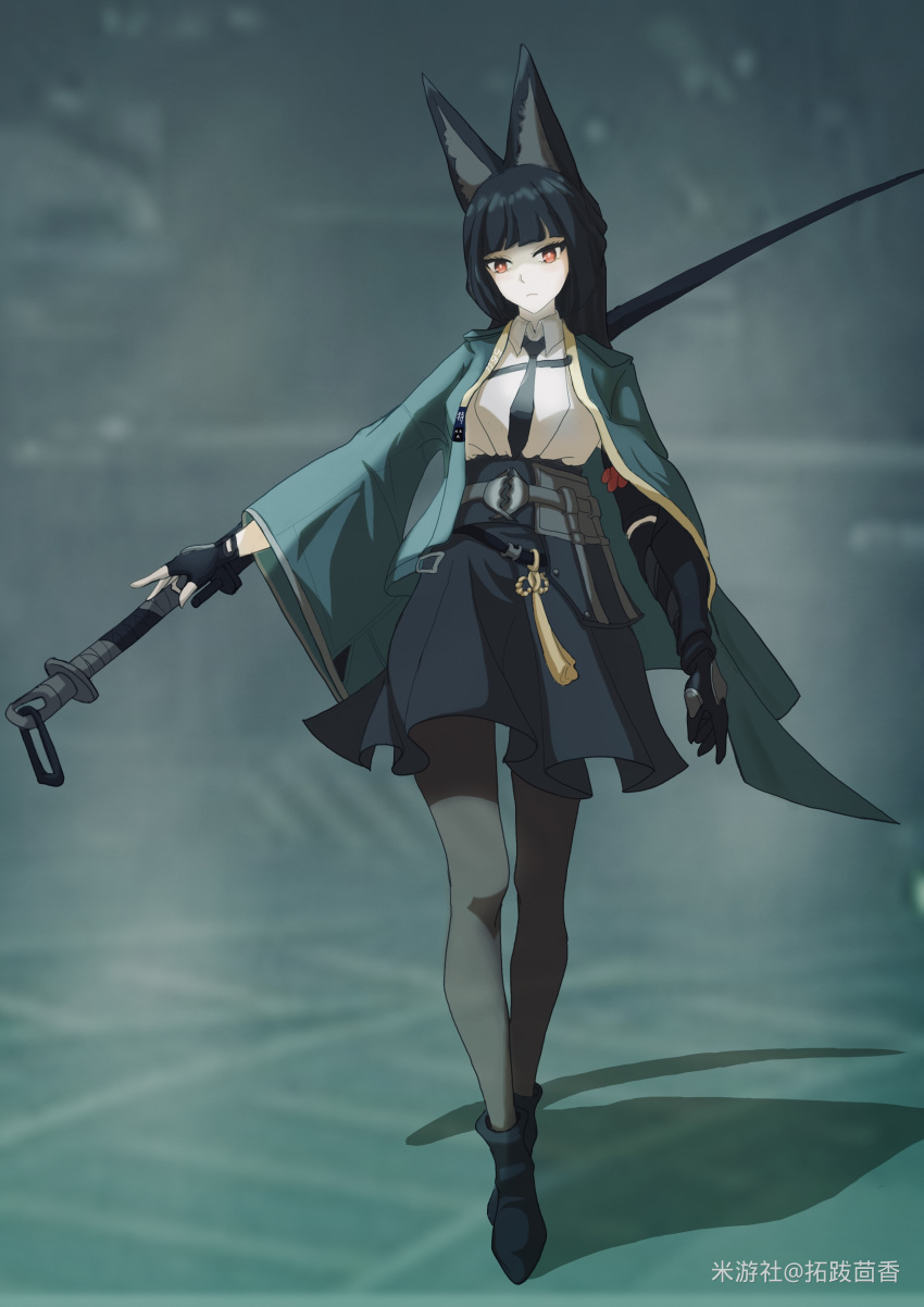 1girl, absurdres, animal_ears, artist_name, black_footwear, black_gloves, black_hair, black_necktie