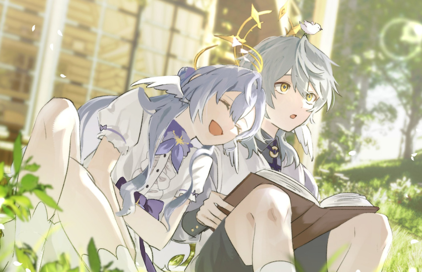 1boy, 1girl, :d, aged_down, bird, blue_hair, book, brother_and_sister