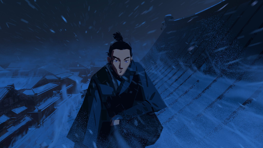 1girl, architecture, blizzard, blue_eye_samurai, building, commentary, concept_art, east_asian_architecture