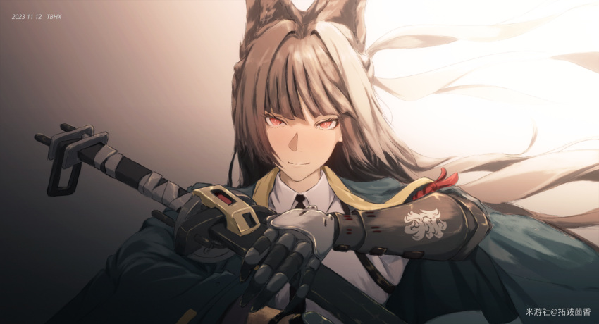 1girl, animal_ears, artist_name, black_gloves, black_hair, black_necktie, blunt_bangs, closed_mouth