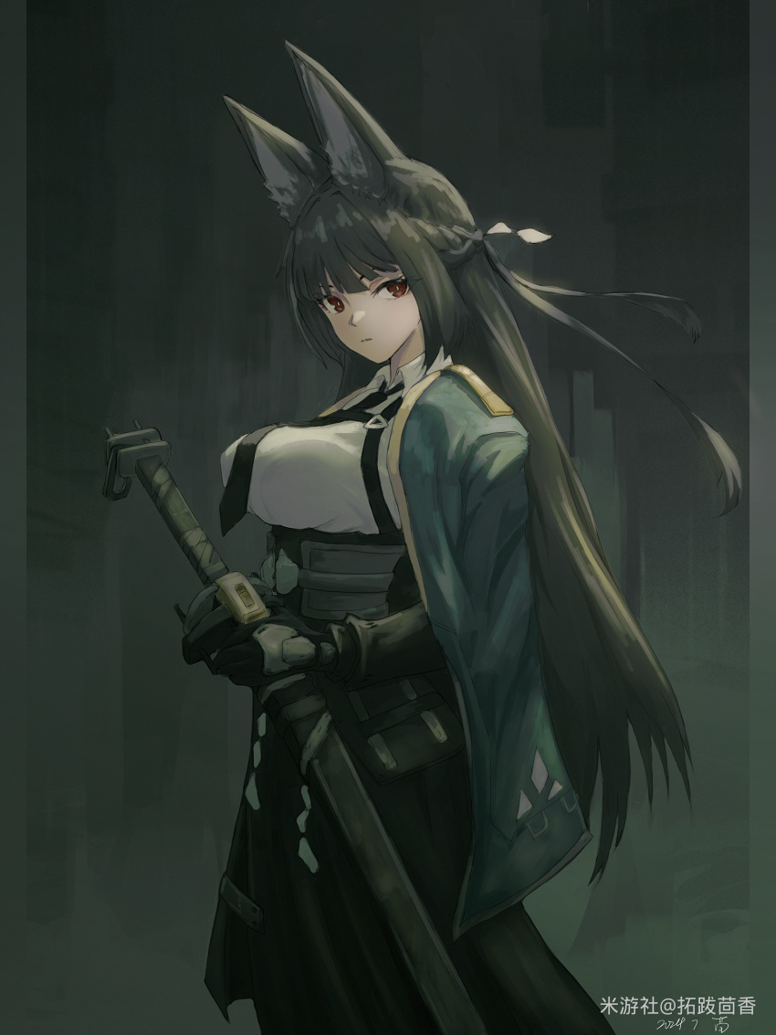 1girl, animal_ears, artist_name, black_hair, black_necktie, black_skirt, blunt_bangs, breasts, closed_mouth, cowboy_shot, dress_shirt, expressionless, fox_ears, fox_girl, green_jacket, high-waist_skirt, highres, holding, holding_sword, holding_weapon, hoshimi_miyabi, jacket, katana, large_breasts, long_hair, looking_at_viewer, necktie, red_eyes, shirt, sidelocks, skirt, solo, sword, tuoba_huixiang, weapon, white_shirt, zenless_zone_zero