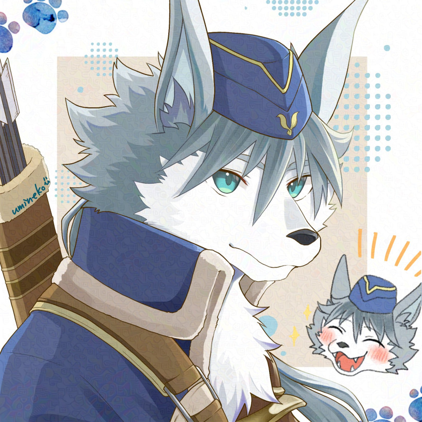 1boy, animal_ear_fluff, animal_ears, arrow_(projectile), artist_name, blainchet, blue_coat, blue_hat