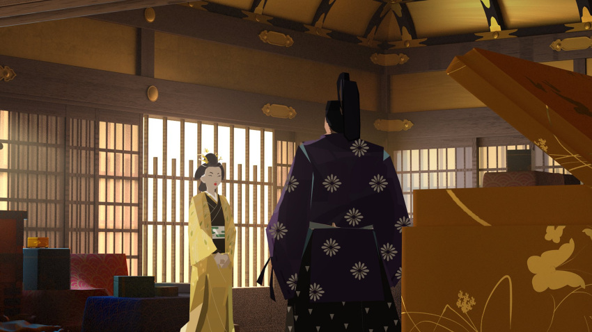 1boy, 1girl, architecture, black_hair, blue_eye_samurai, board_game, box, commentary