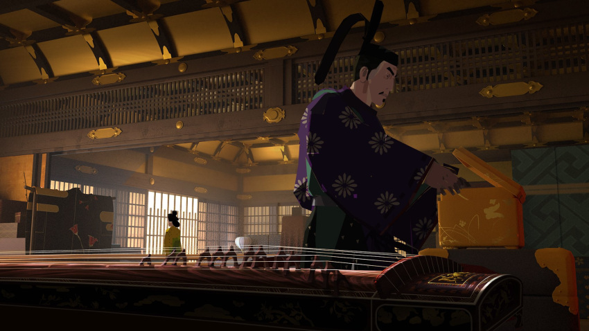 1boy, 1girl, architecture, black_hair, blue_eye_samurai, board_game, box, commentary