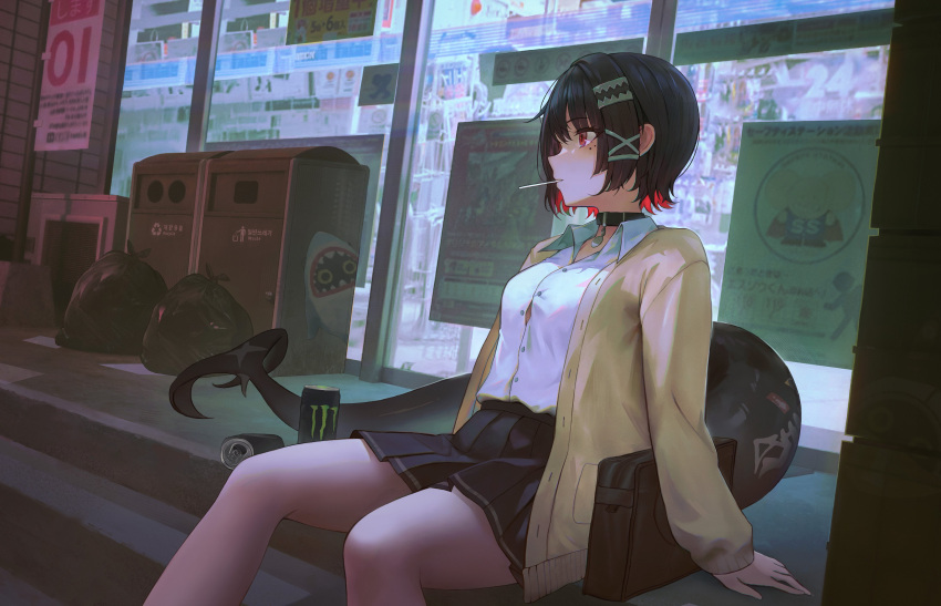 1girl, absurdres, arm_support, arrow_(symbol), bag, black_choker, black_hair, black_skirt
