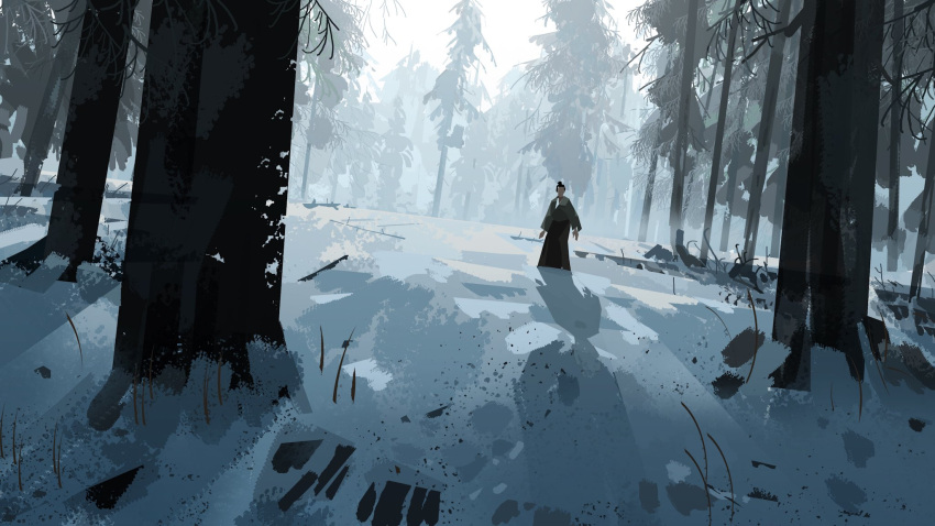 1boy, bare_tree, blue_eye_samurai, collapsed, commentary, concept_art, dusk, english_commentary