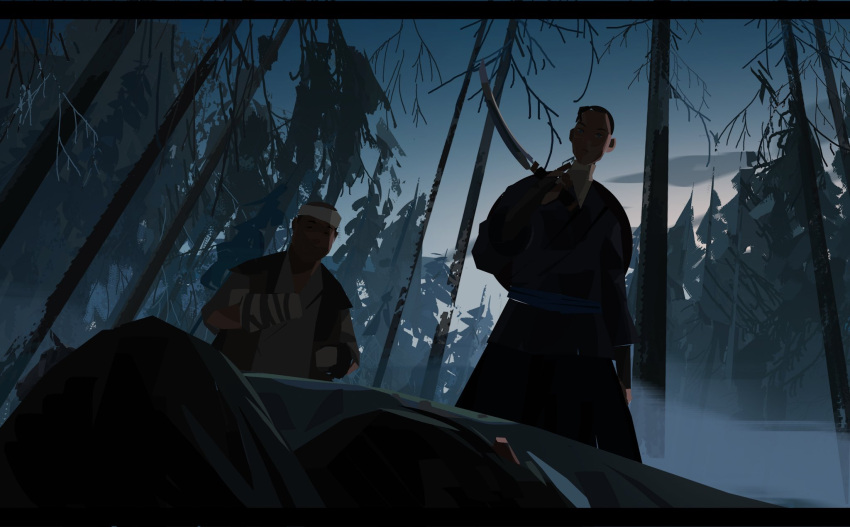1boy, 1girl, 1other, 3others, black_kimono, blue_eye_samurai, collapsed, commentary