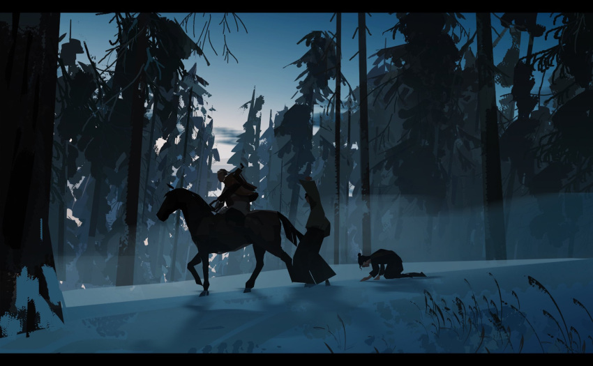 3others, animal, blue_eye_samurai, collapsed, commentary, concept_art, dusk, english_commentary