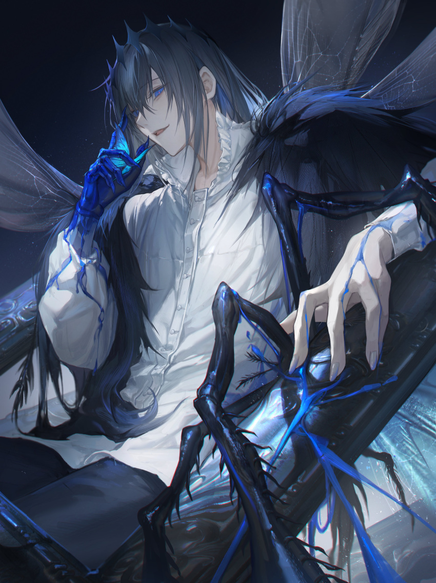1boy, absurdres, ambiguous_blue_liquid, arthropod_boy, arthropod_limbs, blue_eyes, bug, butterfly
