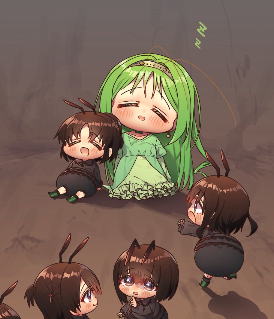 6+girls, :d, ant_girl, antenna_hair, arthropod_girl, blush, bob_cut_ant_girl_(harumina_mau), brown_eyes