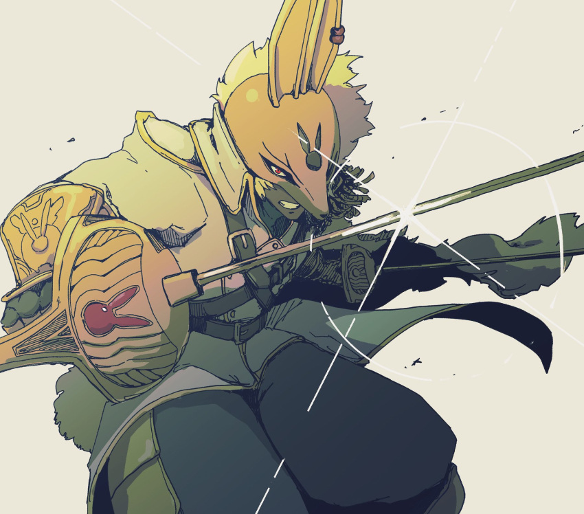 1boy, animal_ears, black_pants, blonde_hair, coat, cowboy_shot, dark-skinned_male, dark_skin, diarbbitmon, digimon, digimon_(creature), dual_wielding, fake_animal_ears, glint, highres, holding, holding_sword, holding_weapon, male_focus, mask, pants, rabbit_ears, rapier, simple_background, solo, sword, ten_(prop03), weapon, white_coat