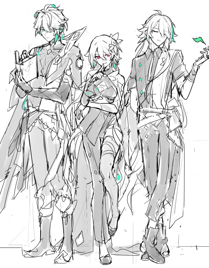 1girl, 2boys, alhaitham_(genshin_impact), asymmetrical_clothes, book, closed_eyes, finger_to_mouth, foot_up