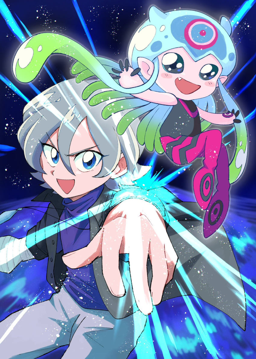 1boy, 1girl, black_coat, blue_background, blue_eyes, blue_shirt, coat, colored_skin