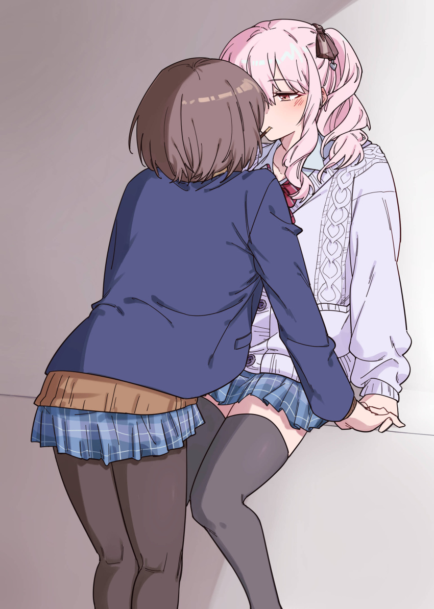 1girl, 1other, absurdres, akiyama_mizuki, androgynous, blue_jacket, brown_hair, dumd