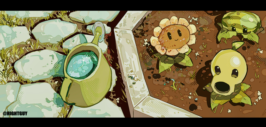 garden, highres, hightguy, melon-pult_(plants_vs_zombies), no_humans, peashooter_(plants_vs_zombies), plant, plants_vs_zombies, smile, soil, sunflower_(plants_vs_zombies), water