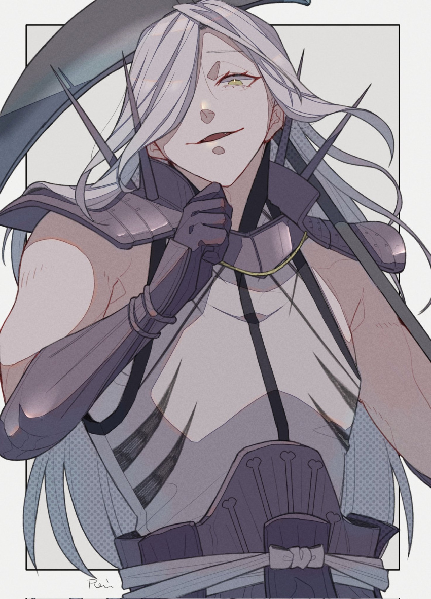1boy, :d, akechi_mitsuhide_(sengoku_basara), am1582, armor, corrupted_twitter_file, fangs, green_eyes