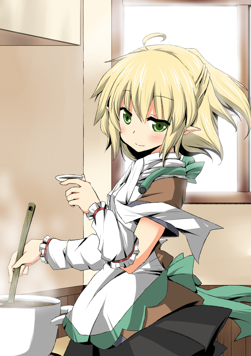 absurdres, ahoge, apron, arm_warmers, blonde_hair, blush, cooking, green_eyes