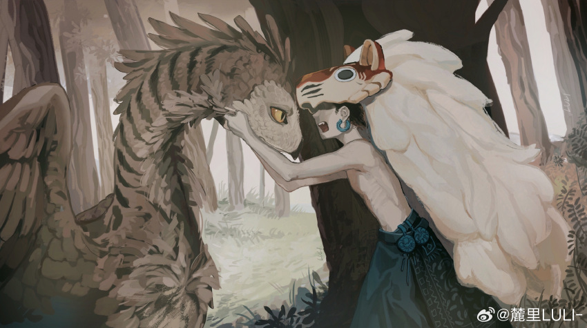 1boy, absurdres, animal, animal_hat, black_hair, blue_skirt, brown_feathers, brown_wings