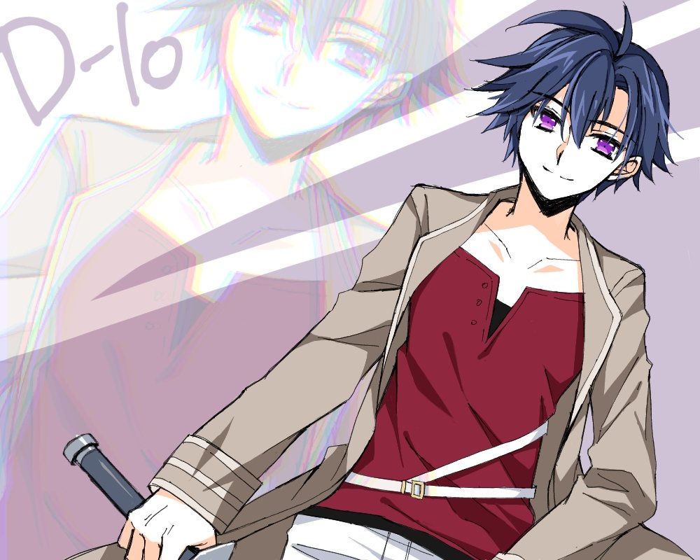 1boy, asti2, blue_hair, closed_mouth, coat, collarbone, commentary_request, eiyuu_densetsu, grey_coat, holding, holding_sword, holding_weapon, kai_no_kiseki, kuro_no_kiseki_(series), male_focus, open_clothes, open_coat, pants, rean_schwarzer, red_shirt, shirt, short_hair, smile, solo, standing, sword, violet_eyes, weapon, white_pants, zoom_layer