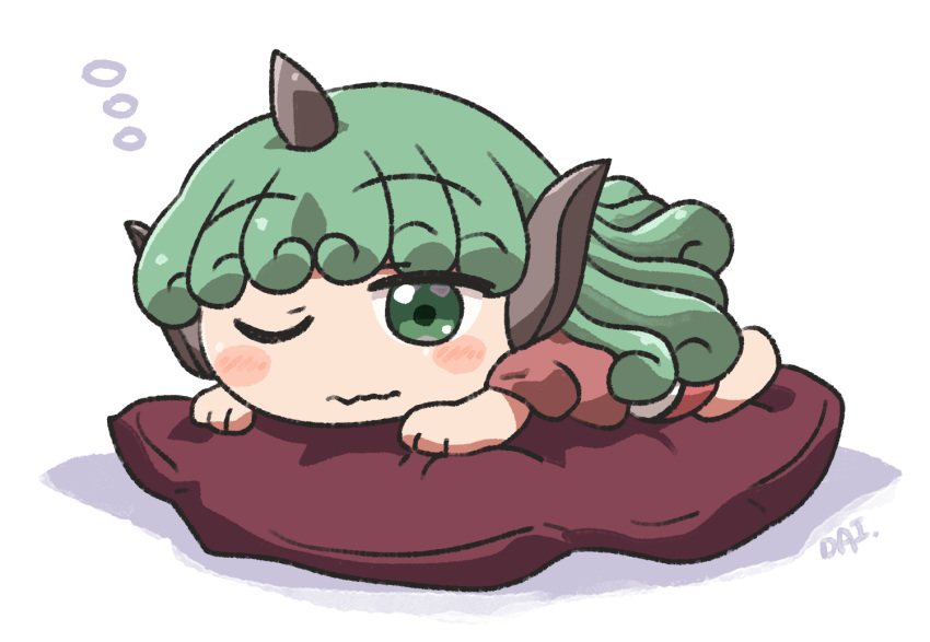 1girl, barefoot, blush, closed_mouth, commentary_request, curly_hair, cushion, cushion_grab