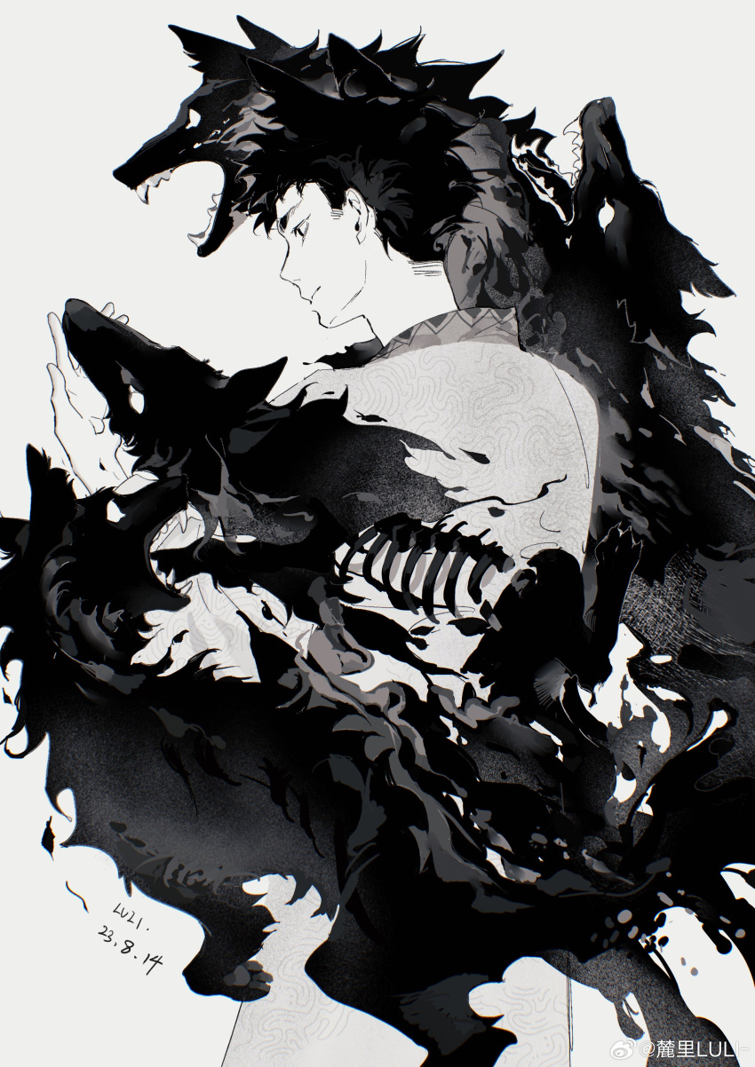 1boy, absurdres, animal, animal_ears, black_fur, chinese_commentary, commentary_request, cowboy_shot