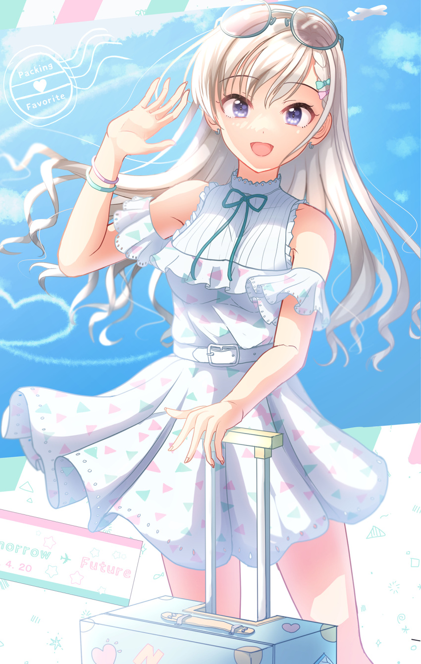 1girl, aircraft, airplane, arm_garter, bare_shoulders, belt, blue_eyes, blue_ribbon