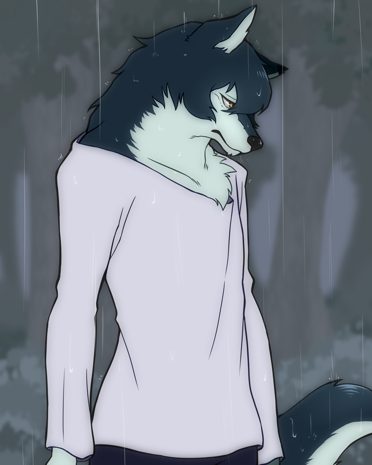 1boy, ame_(ookami_kodomo), animal_ears, black_pants, blue_fur, blue_hair, chest_fur, collarbone