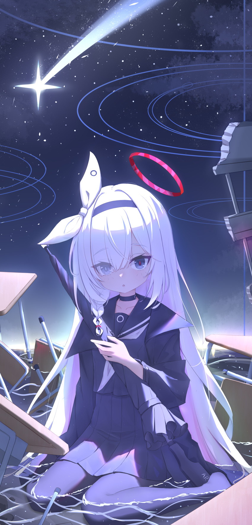 1girl, absurdres, black_choker, black_hairband, black_pantyhose, black_sailor_collar, black_serafuku, black_shirt