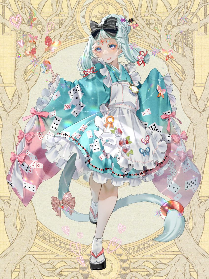 1girl, aqua_kimono, bird_hair_ornament, black_bow, blush, bow, butterfly_ornament, cat_hair_ornament, dairoku_ryouhei, dress_bow, facial_mark, flamingo_hair_ornament, flower, forehead_mark, full_body, grey_hair, hair_bow, hair_flower, hair_ornament, heart, highres, ihara_(wi_m0), japanese_clothes, kimono, light_smile, long_hair, neck, pink_bow, playing_card_print, red_ribbon, ribbon, smile, socks, solo, standing, tail, tail_bow, tail_ornament, tail_ring, violet_eyes, watch, white_socks, yellow_background
