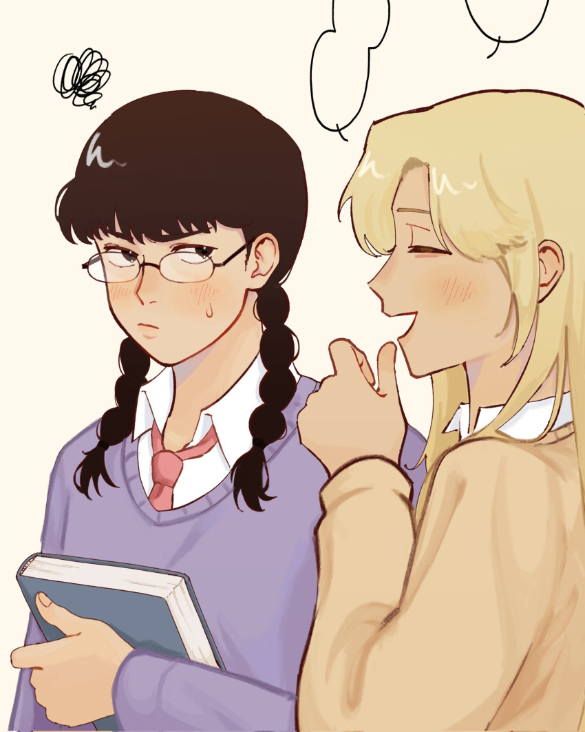 2girls, annoyed, black-framed_eyewear, black_eyes, black_hair, blank_speech_bubble, blonde_hair, blush, book, braid, brown_sweater, closed_eyes, closed_mouth, collared_shirt, commentary_request, dokjasepilogue, english_commentary, frown, glasses, hand_up, happy, highres, holding, holding_book, kurume_makoto, long_hair, looking_at_another, looking_to_the_side, multiple_girls, murashige_yuzuki, necktie, open_mouth, purple_sweater, red_necktie, round_eyewear, school_uniform, shirt, simple_background, skip_to_loafer, small_sweatdrop, speech_bubble, squiggle, sweater, tsubame_nishi_high_school_uniform, twin_braids, twintails, upper_body, v-shaped_eyebrows, white_shirt