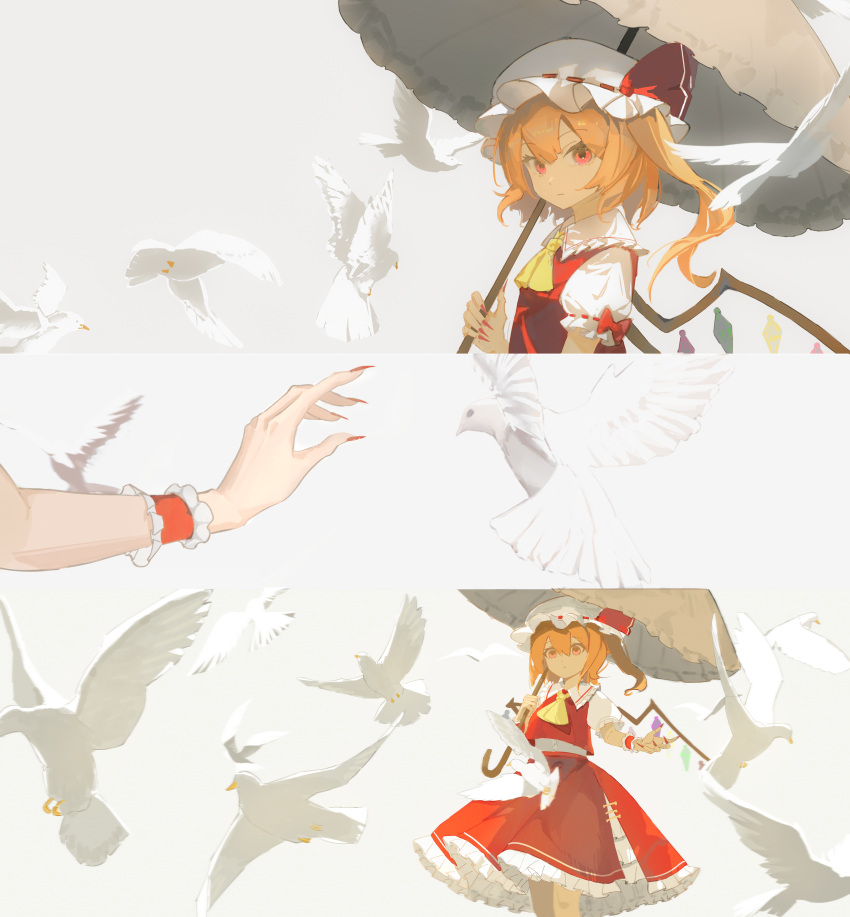 1girl, absurdres, ascot, bird, blonde_hair, bow, closed_mouth, collared_shirt, crystal_wings, dove, expressionless, fingernails, flandre_scarlet, frilled_cuffs, frilled_shirt_collar, frilled_skirt, frills, grey_background, hat, hat_bow, highres, holding, holding_umbrella, li_meng_shan, long_fingernails, long_hair, looking_at_viewer, mob_cap, multiple_views, one_side_up, parasol, puffy_short_sleeves, puffy_sleeves, red_bow, red_eyes, red_nails, red_skirt, red_vest, ribbon, sharp_fingernails, shirt, short_sleeves, simple_background, skirt, skirt_set, sleeve_bow, standing, touhou, umbrella, upper_body, vest, white_bird, white_hat, white_shirt, wrist_cuffs, yellow_ascot