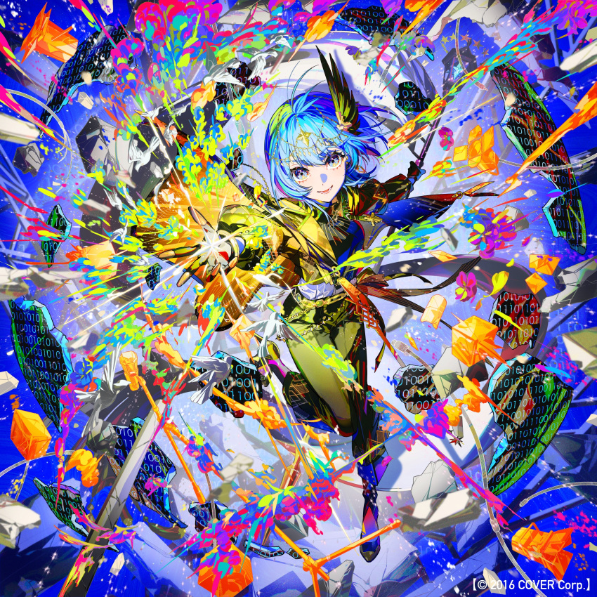 1girl, blue_eyes, blue_hair, copyright_notice, full_body, hair_ornament, high_heels, highres, hololive, hoshimachi_suisei, hoshimachi_suisei_(supernova), leg_up, mika_pikazo, official_alternate_costume, official_art, pastel_colors, solo, standing, standing_on_one_leg, star_(symbol), star_hair_ornament, star_in_eye, symbol_in_eye, virtual_youtuber, wing_hair_ornament