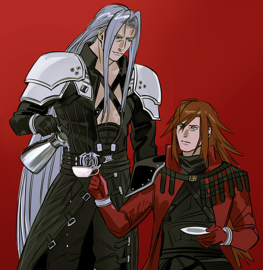 2boys, aqua_eyes, armor, bangle, black_coat, black_gloves, black_pants, bracelet