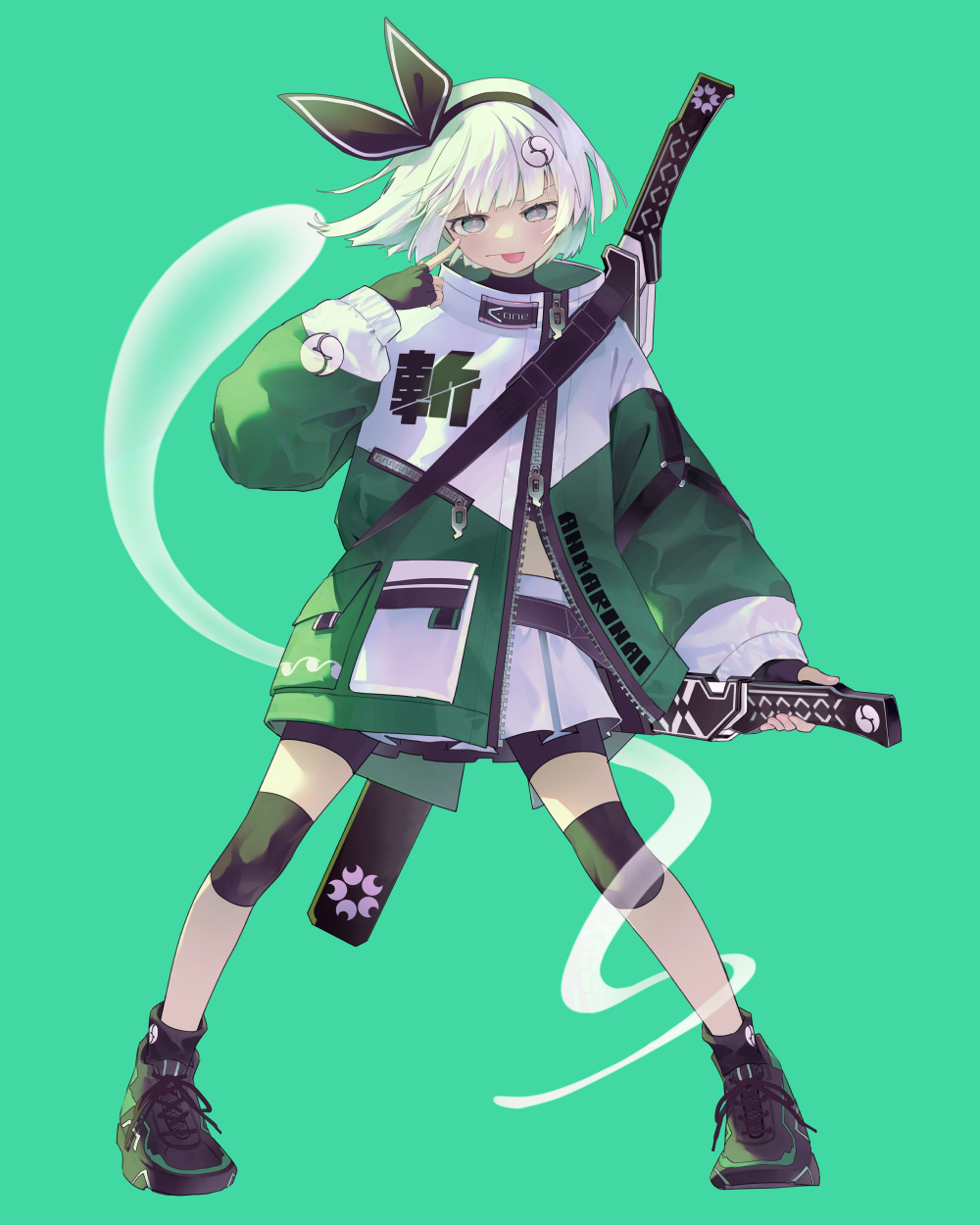 1girl, :p, akanbe, alternate_costume, belt, bike_shorts_under_skirt, black_belt, black_footwear