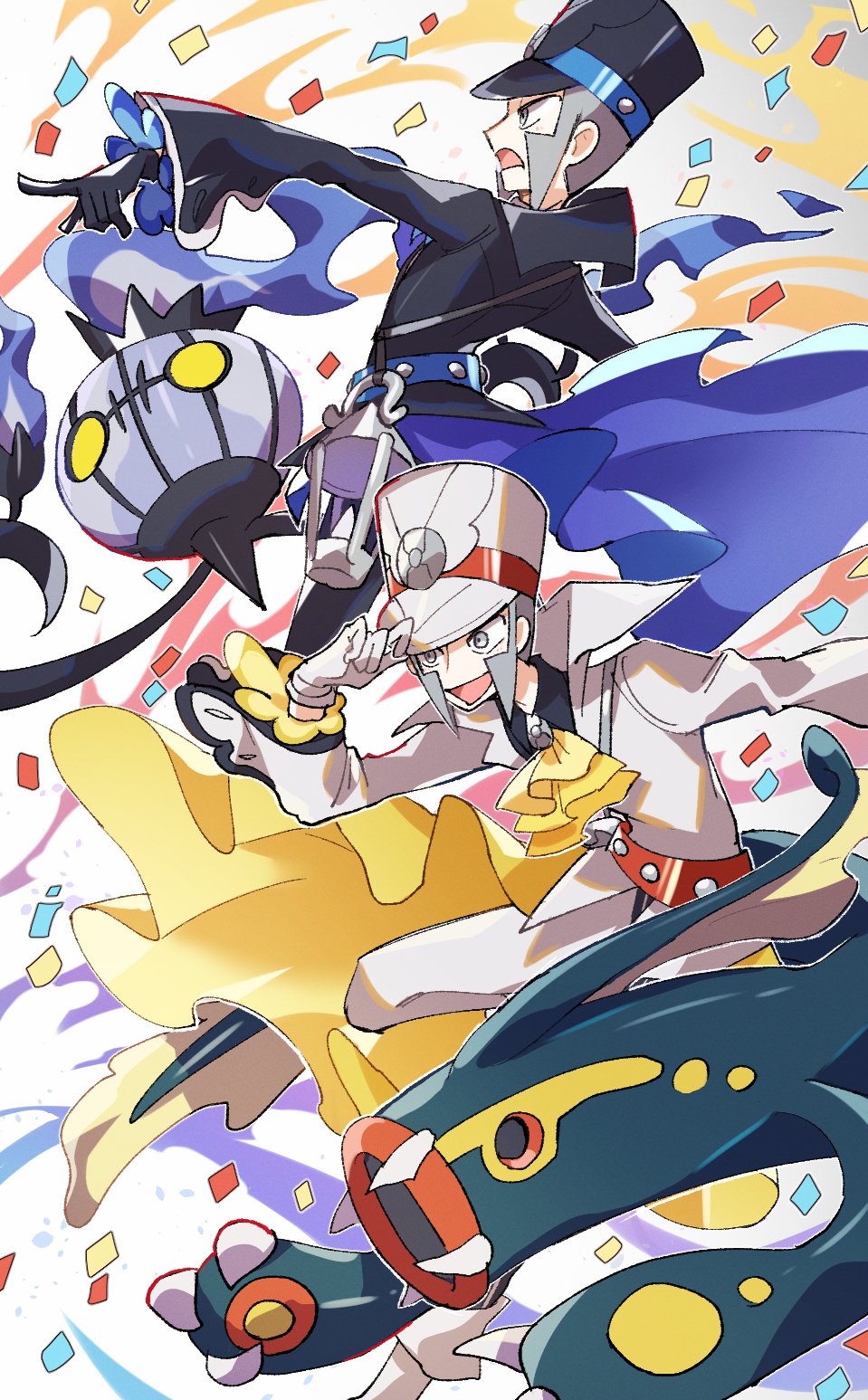 2boys, ahozur_dayo, ascot, black_gloves, black_hat, blue_ascot, brothers, chandelure, claws, confetti, eelektross, emmet_(pokemon), emmet_(sygna_suit)_(pokemon), fire, gloves, gradient_background, grey_eyes, grey_hair, hat, highres, ingo_(pokemon), ingo_(sygna_suit)_(pokemon), multiple_boys, official_alternate_costume, open_mouth, pokemon, pokemon_(creature), pokemon_masters_ex, purple_fire, siblings, sideburns, twins, white_background, white_gloves, white_hat, yellow_ascot