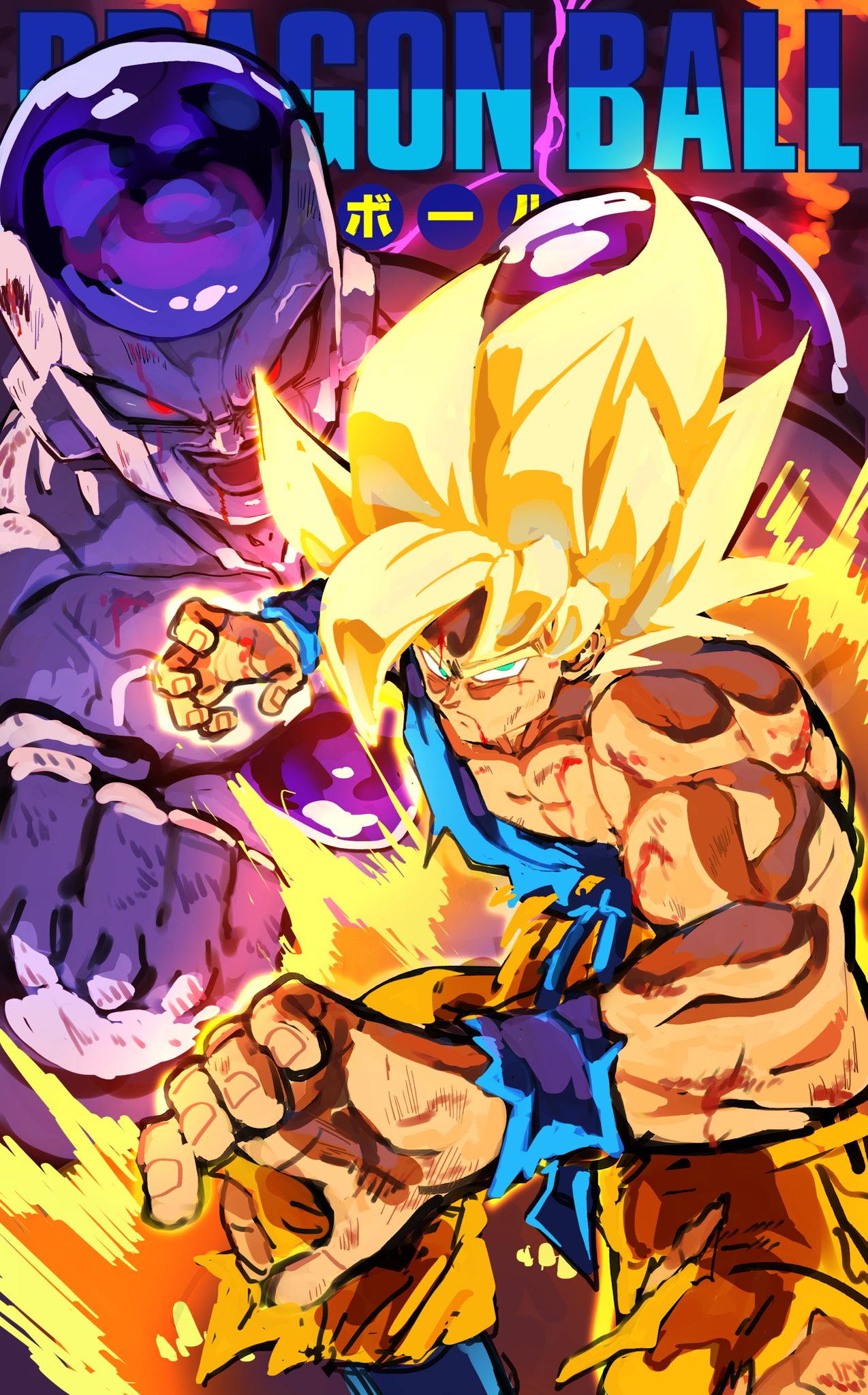 2boys, aura, blonde_hair, blood, blood_on_face, blue_wristband, clenched_hand, colored_skin