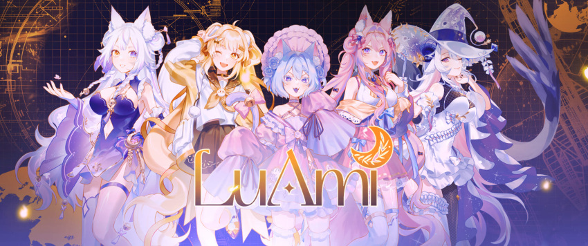 1boy, 4girls, animal_ears, blonde_hair, blue_flower, blue_hair, blue_rose, bonnet