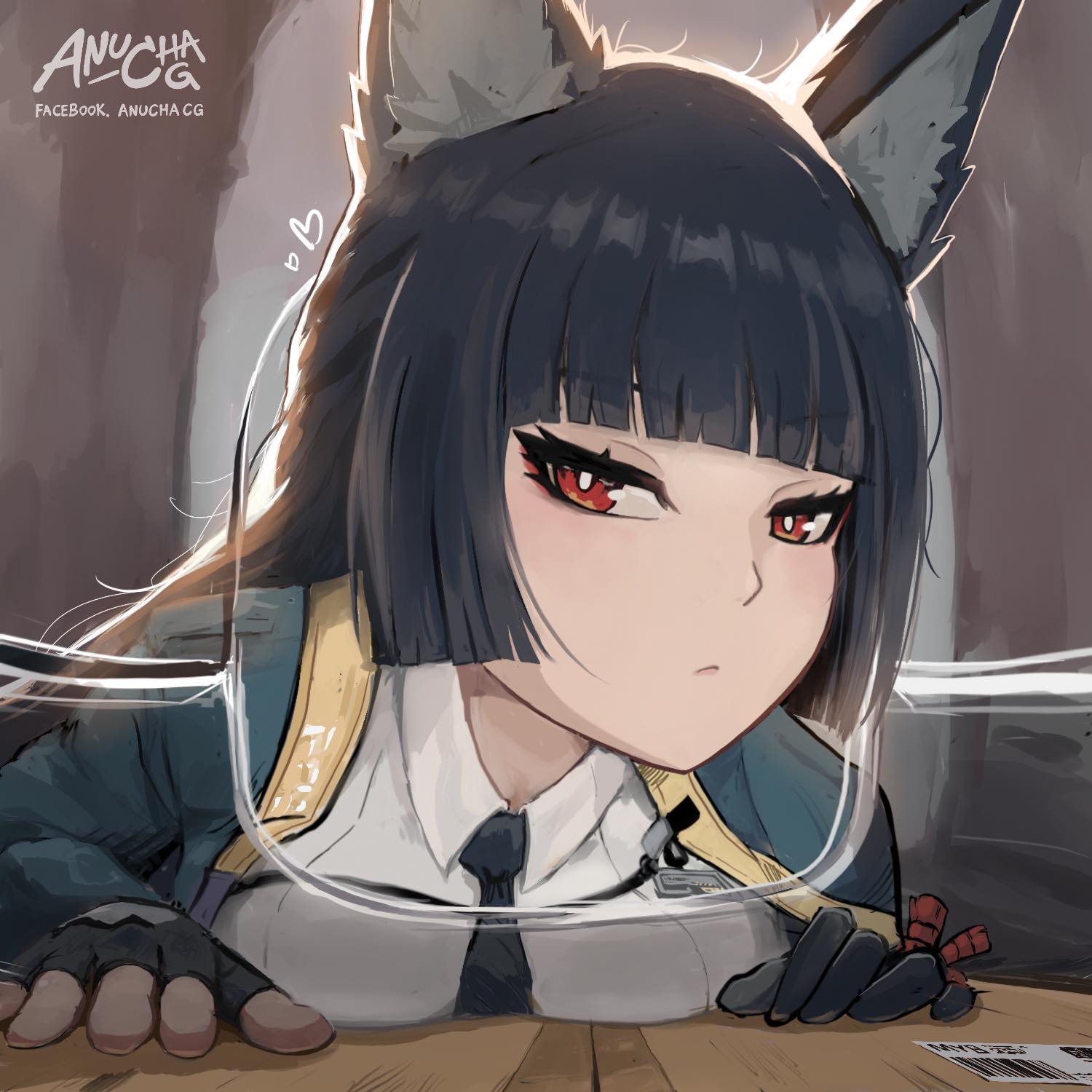 1girl, animal_ear_fluff, animal_ears, anucha_cg, black_gloves, black_hair, black_necktie, blunt_bangs