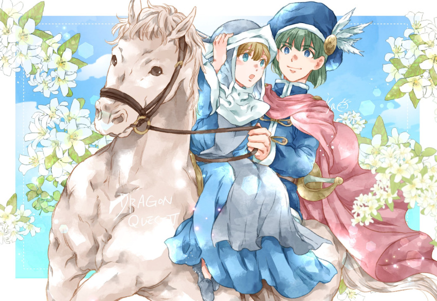 1boy, 1girl, blonde_hair, blue_background, blue_coat, blue_dress, blue_eyes, blue_hat