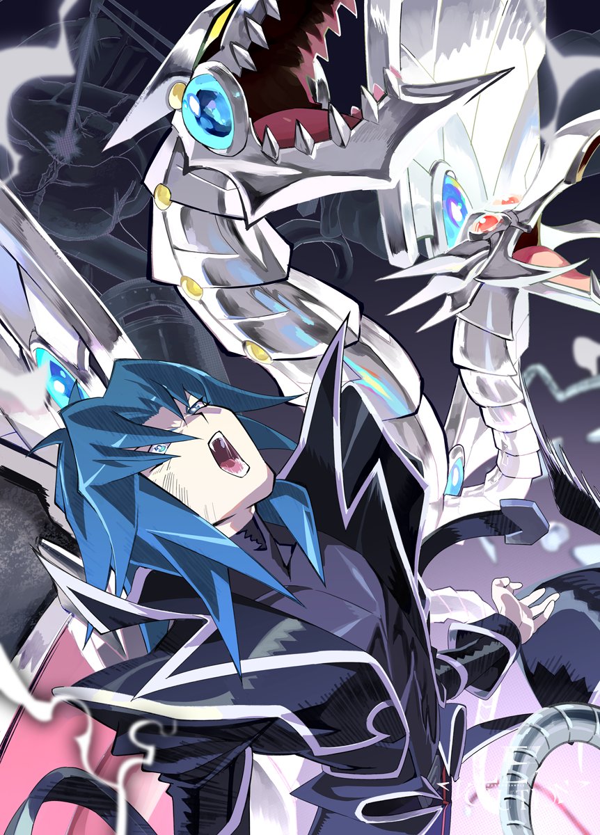 1boy, black_coat, black_shirt, blue_eyes, blue_hair, coat, cyber_end_dragon, duel_monster