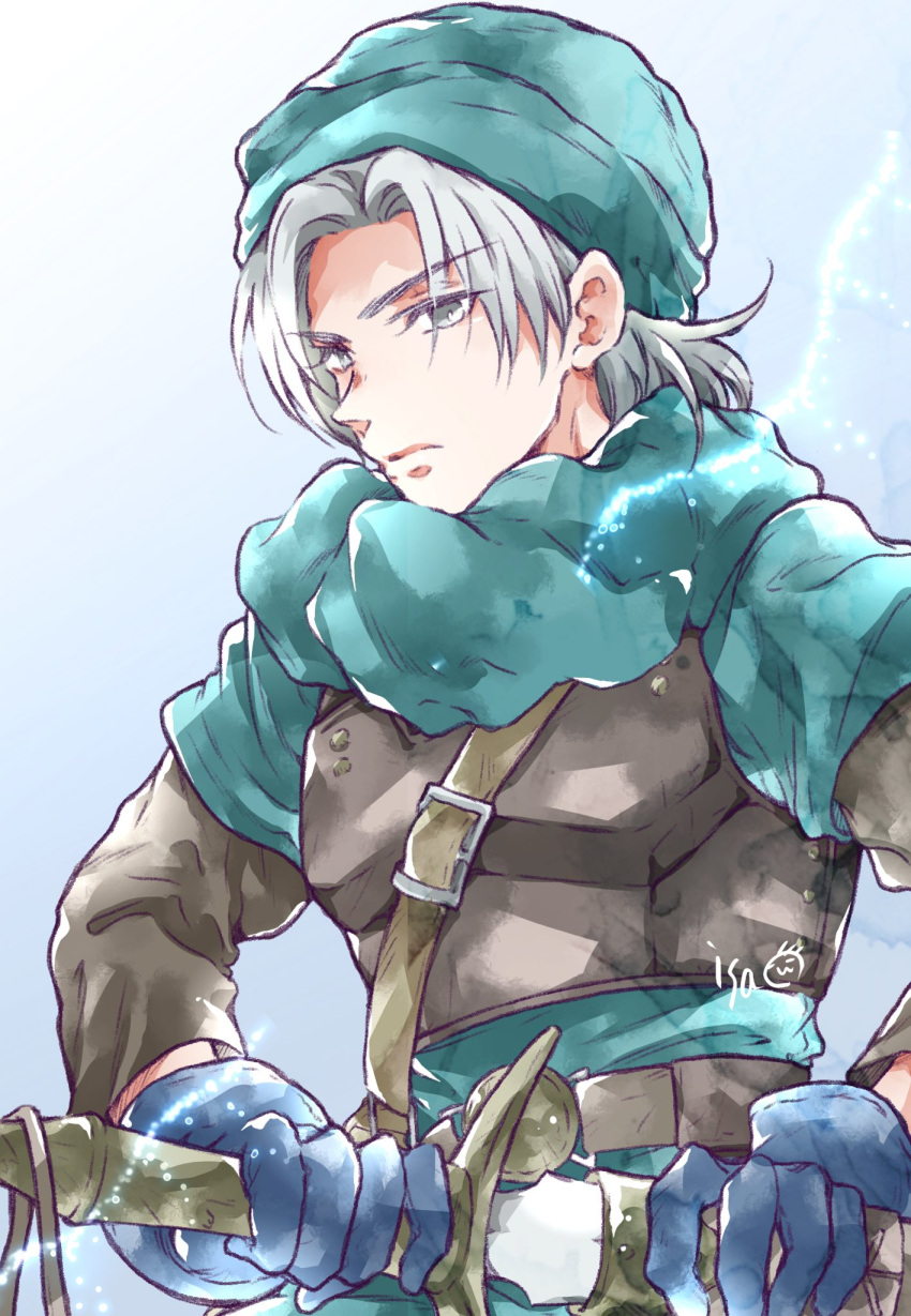 1boy, aqua_bandana, aqua_scarf, aqua_shirt, armor, artist_name, belt, blue_background