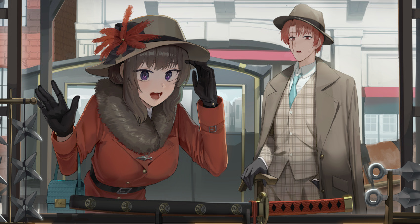 1boy, 1girl, :d, absurdres, arm_up, black_gloves, blue_necktie, breasts