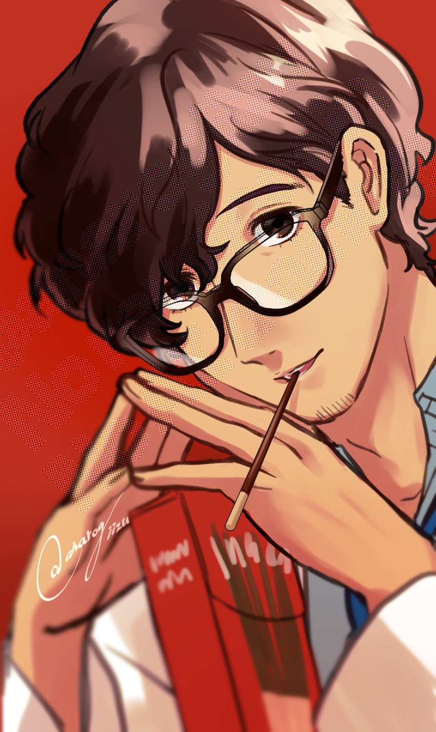 1boy, anarogiizu, blue_necktie, blue_shirt, brown-framed_eyewear, brown_eyes, brown_hair, coat