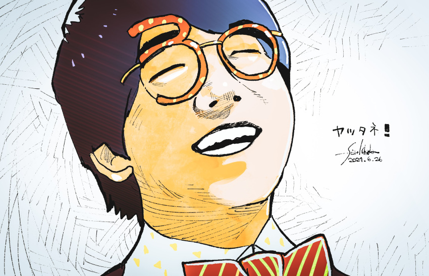 >_<, 1boy, :d, absurdres, artist_name, black_hair, bow, bowtie