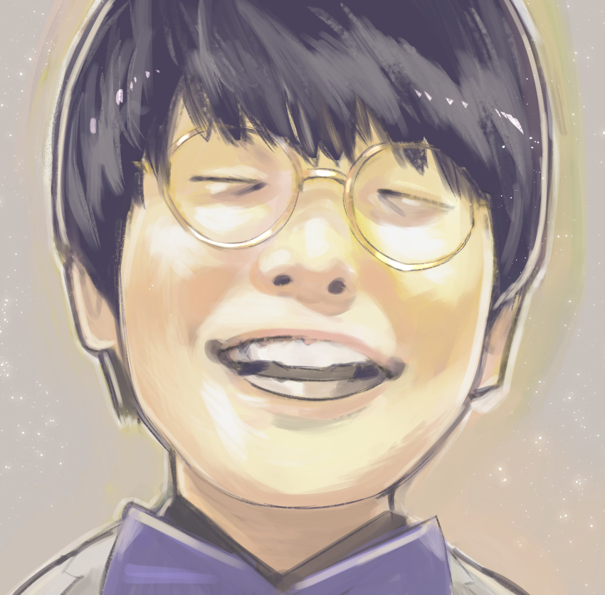 >_<, 1boy, :d, absurdres, black_hair, blue_bow, blue_bowtie, bow