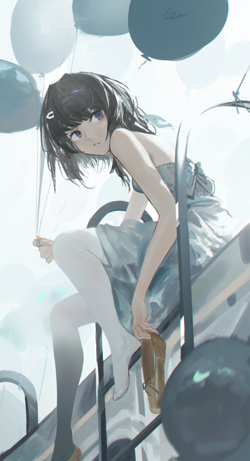 1girl, absurdres, arknights, balloon, black_hair, blue_dress, blue_eyes, brown_footwear