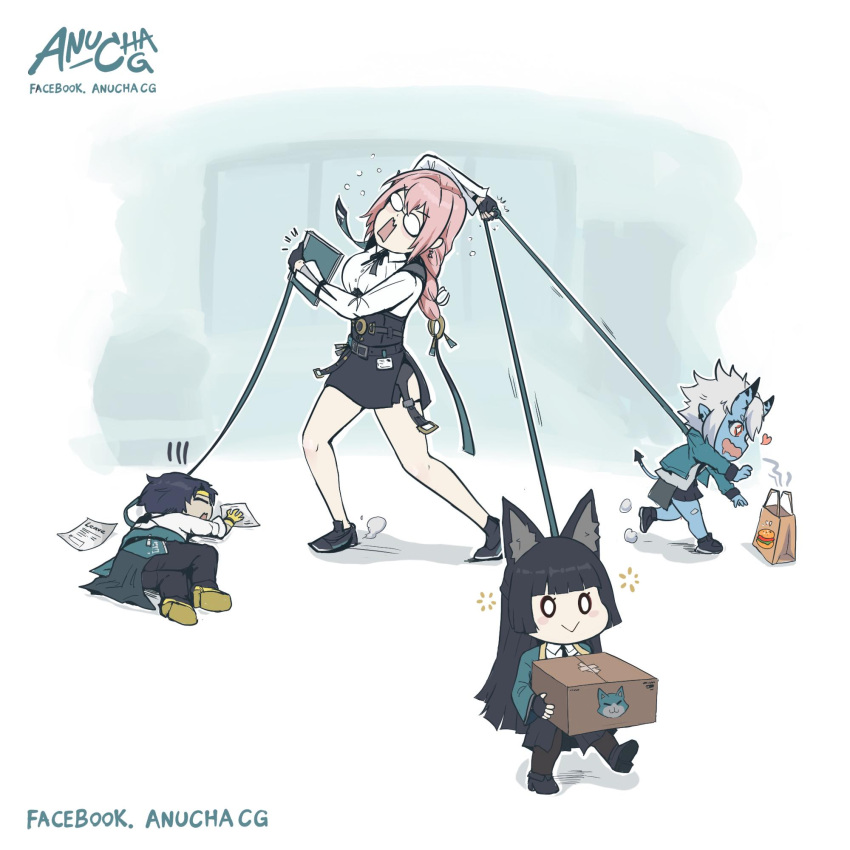 1boy, 3girls, animal_ear_fluff, animal_ears, anucha_cg, artist_name, asaba_harumasa, black_footwear