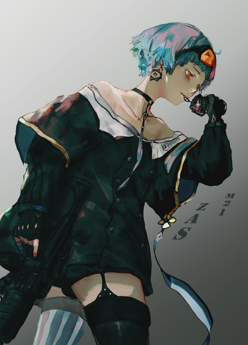 1girl, assault_rifle, asymmetrical_legwear, bare_shoulders, black_choker, black_gloves, black_shirt, blue_hair