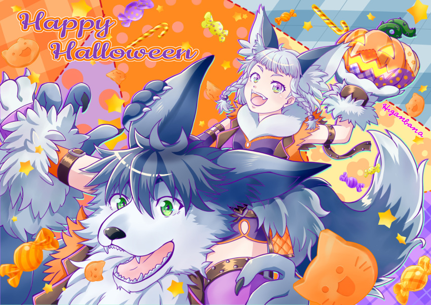 1boy, 1girl, animal_ear_fluff, animal_ears, artist_name, beads, blainchet, braid