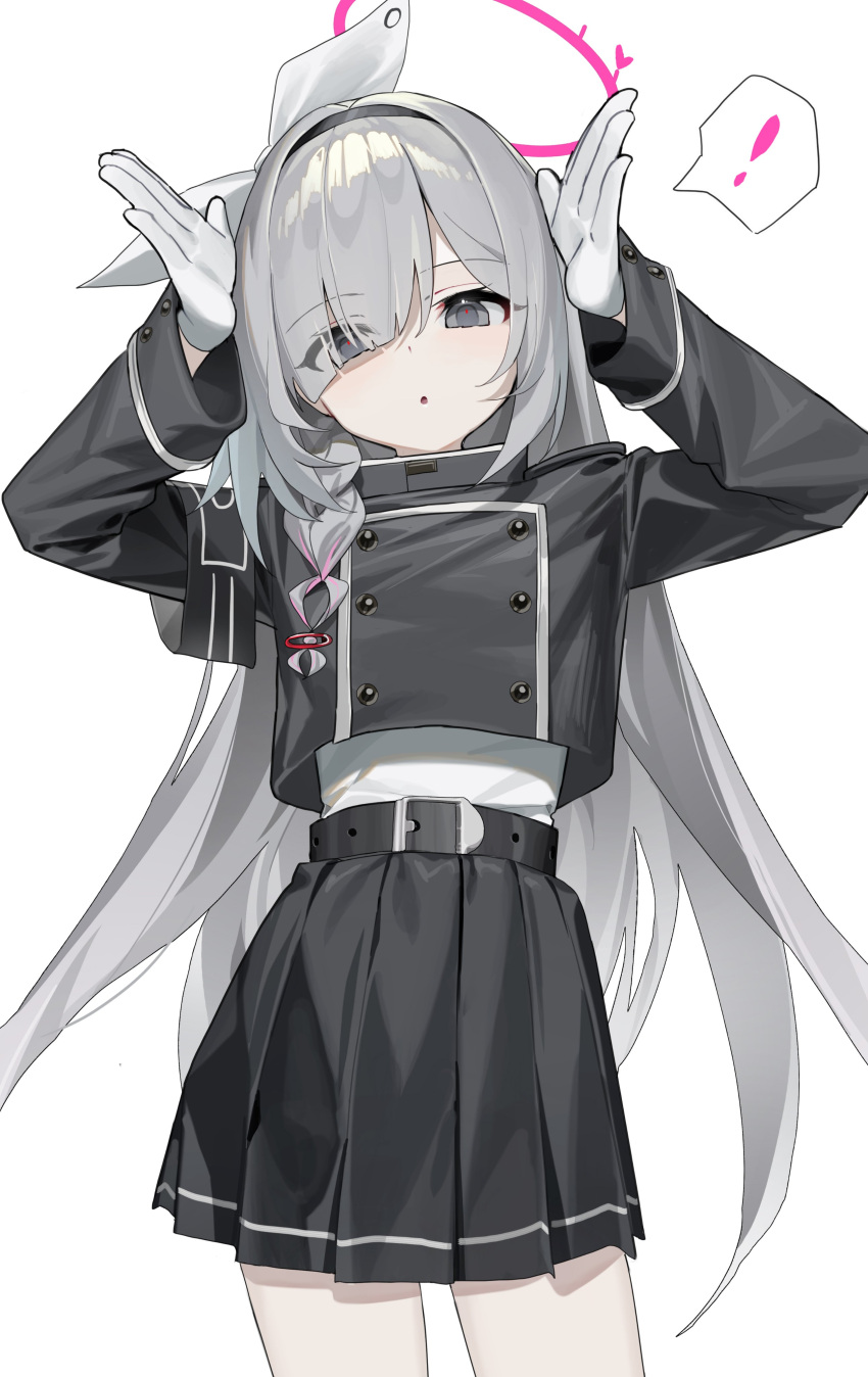 !, 1girl, absurdres, armband, arms_up, belt, black_armband, black_belt, black_hairband, black_skirt, blue_archive, braid, eyes_visible_through_hair, gloves, grey_eyes, grey_hair, hair_over_one_eye, hairband, halo, highres, huu_(dighapdlxm12), long_hair, long_sleeves, looking_at_viewer, parted_lips, plana_(blue_archive), simple_background, skirt, solo, spoken_exclamation_mark, standing, white_background, white_gloves